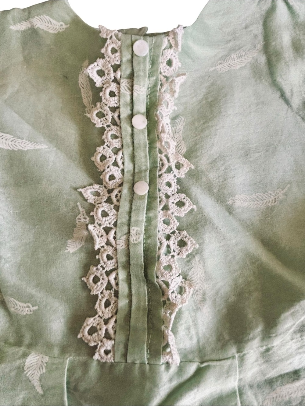 Girls' Handmade Vintage Sage Green Feather Print Formal Dress - Picture 3 of 5